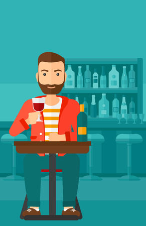 A hipster man with the beard sitting at the bar and drinking wine vector flat design illustration. Vertical layout.のイラスト素材