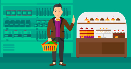 A man holding a basket full of healthy food and refusing junk food on a supermarket background vector flat design illustration. Horizontal layout.のイラスト素材
