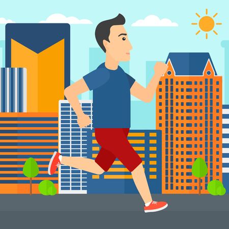 A sportive man jogging on a city background vector flat design illustration. Square layout.のイラスト素材
