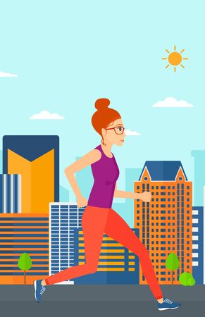 A sportive woman jogging on a city background vector flat design illustration. Vertical layout.のイラスト素材