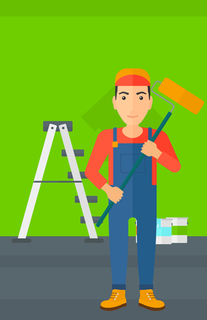 A man standing with a paint roller  on a background of room with paint cans and ladder vector flat design illustration. Vertical layout.のイラスト素材