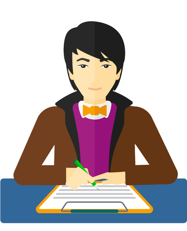 An asian man sitting at the table and signing a contract vector flat design illustration isolated on white background.のイラスト素材