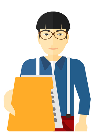 An asian boss receiving a file from his employee vector flat design illustration isolated on white background.のイラスト素材