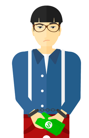 An asian businessman in handcuffs with money in hands vector flat design illustration isolated on white background.のイラスト素材