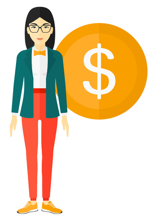 An asian business woman standing with a big dollar coin behind her vector flat design illustration isolated on white background.のイラスト素材