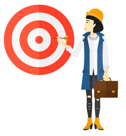 An asian business woman standing with arrow in hand and aiming at a target board vector flat design illustration isolated on white background.のイラスト素材
