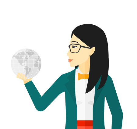 An asian business woman holding Earth planet in hand vector flat design illustration isolated on white background.のイラスト素材