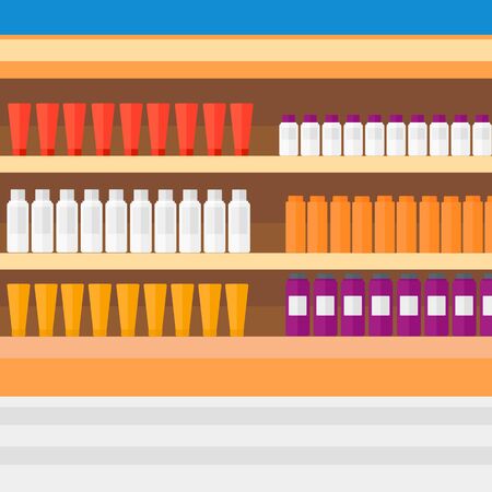 Background of shelves in supermarket with toiletry vector flat design illustration. Square layout.のイラスト素材