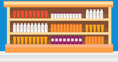 Background of shelves in supermarket with toiletry vector flat design illustration. Horizontal layout.のイラスト素材
