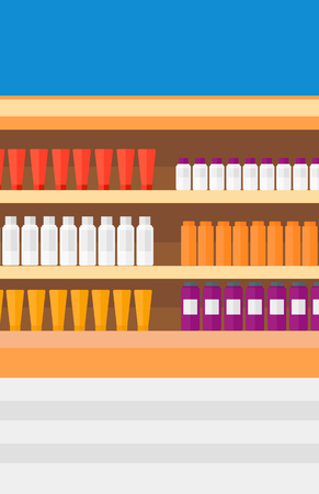 Background of shelves in supermarket with toiletry vector flat design illustration. Vertical layout.のイラスト素材