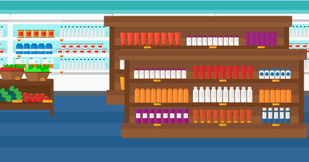 Background of supermarket shelves with products vector flat design illustration. Horizontal layout.のイラスト素材