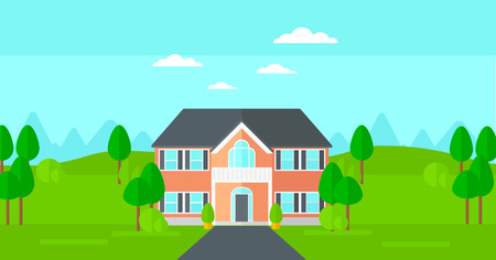 Background of house with beautiful landscape and driveway vector flat design illustration. Horizontal layout.のイラスト素材