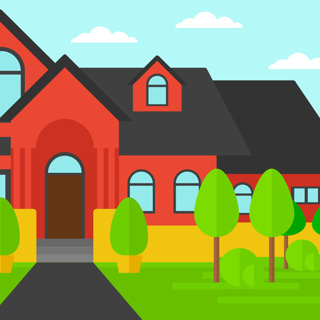Background of red house with beautiful landscape and pathway vector flat design illustration. Square layout.のイラスト素材