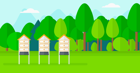 Background of beehives in meadow vector flat design illustration. Horizontal layout.のイラスト素材