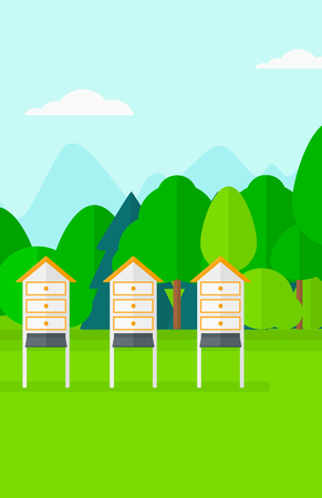 Background of beehives in a meadow vector flat design illustration. Vertical layout.のイラスト素材