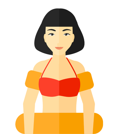 An asian woman standing in mask, tube and rubber ring vector flat design illustration isolated on white background.のイラスト素材
