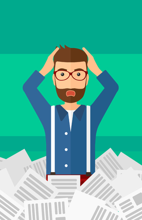 A stressed hipster man with the beard clutching his head because of having a lot of work to do with a heap of newspapers in front of him vector flat design illustration isolated on light green background. Vertical layout.のイラスト素材