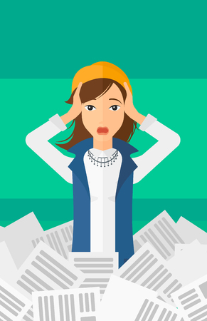 A stressed woman clutching her head because of having a lot of work to do with a heap of newspapers in front of her vector flat design illustration isolated on light green background. Vertical layout.のイラスト素材