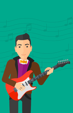 A man playing electric guitar on a light green background with music notes vector flat design illustration. Vertical layout.のイラスト素材