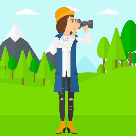 A woman taking photo on the background of green forest and mountains vector flat design illustration. Square layout.のイラスト素材