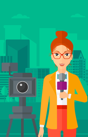 A camera filming and a reporter standing with a microphone on a city background vector flat design illustration. Vertical layout.のイラスト素材