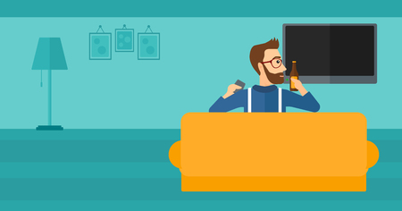 A hipster man with the beard sitting on the couch in living room and watching tv with remote controller in one hand and a bottle in another vector flat design illustration. Horizontal layout.のイラスト素材