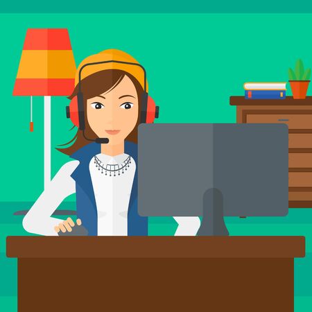 A woman in headphones sitting in front of computer monitor with mouse in hand on living room background vector flat design illustration. Square layout.のイラスト素材