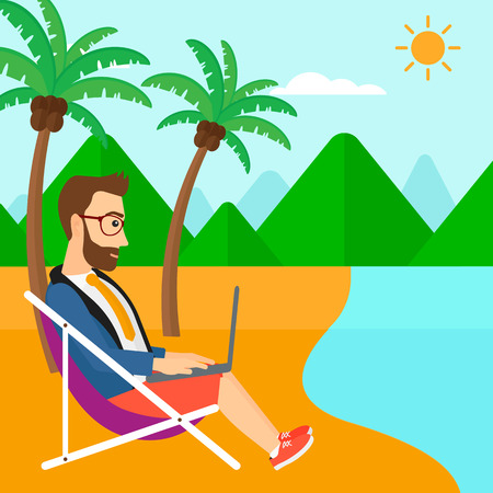 A hipster businessman with the beard sitting on the beach in chaise lounge and working on a laptop vector flat design illustration. Square layout.のイラスト素材