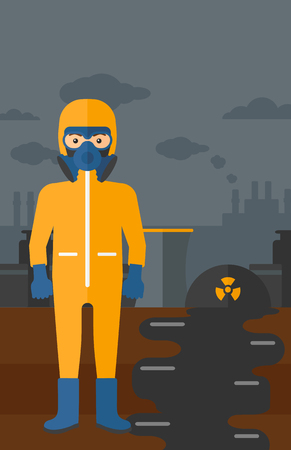 A man wearing a protective chemical suit for toxic atmosphere on background of nuclear power plant vector flat design illustration. Vertical layout.のイラスト素材