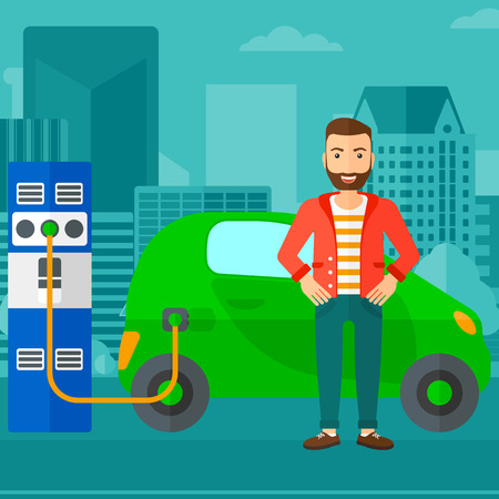 A hipster man with the beard charging his electric car on a city background vector flat design illustration. Square layout.のイラスト素材