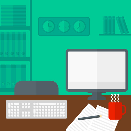 Background of office workspace with computer display, keyboard, mug and stationery on a table vector flat design illustration. Square layout.のイラスト素材