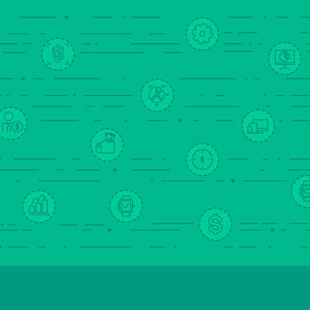 Green background with technology and business icons vector flat design illustration. Square layout.のイラスト素材