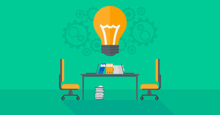 Background of business office with idea light bulb and gears over the table  vector flat design illustration. Horizontal layout.のイラスト素材