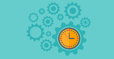 Cogwheels and clock mechanism isolated on a blue background vector flat design illustration. Horizontal layout.のイラスト素材