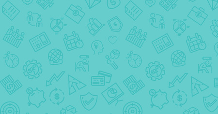 Blue background with business icons vector flat design illustration. Horizontal layout.のイラスト素材