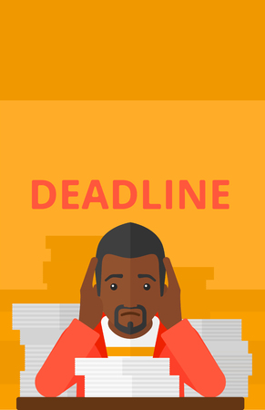An african-american man sitting at the table with stacks of papers and having problem with deadline vector flat design illustration isolated on yellow background. Vertical layout.のイラスト素材