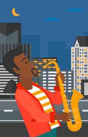An african-american man playing saxophone on a night city background vector flat design illustration. Vertical layout.のイラスト素材