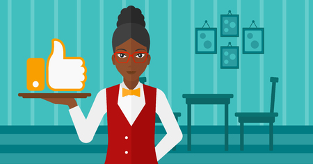 An african-american waitress carrying a tray with like button on a cafe background vector flat design illustration. Horizontal layout.のイラスト素材