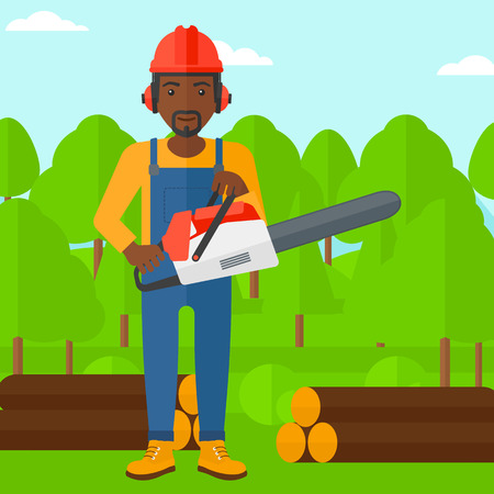 An african-american lumberjack holding a chainsaw on a forest background vector flat design illustration. Square layout.のイラスト素材