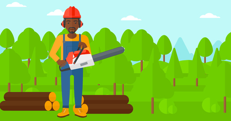 An african-american lumberjack holding a chainsaw on a forest background vector flat design illustration. Horizontal layout.のイラスト素材