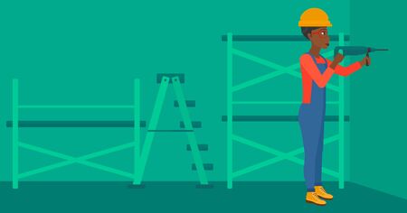 An african-american woman drilling a hole in the wall using a perforator vector flat design illustration. Horizontal layout.のイラスト素材