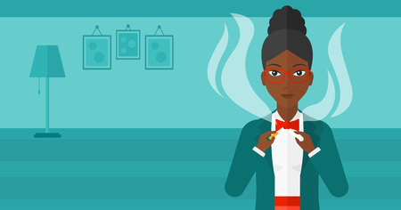 An african-american woman breaking the cigarette on the background of living room vector flat design illustration. Horizontal layout.のイラスト素材