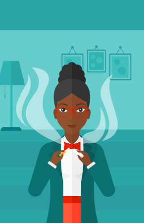 An african-american woman breaking the cigarette on the background of living room vector flat design illustration. Vertical layout.のイラスト素材