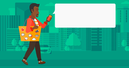 An african-american man walking with a smartphone and a bag full of social media icons on a city background vector flat design illustration. Horizontal layout.のイラスト素材