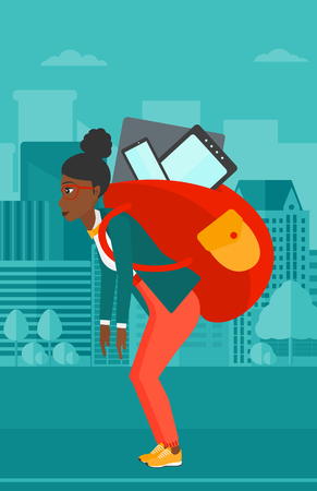 An african-american woman walking with a big backpack full of different devices on a city background vector flat design illustration. Vertical layout.のイラスト素材