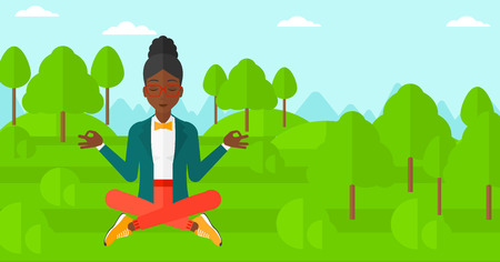 An african-american business woman meditating in lotus pose in the park vector flat design illustration. Horizontal layout.のイラスト素材