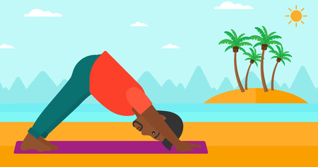 An african-american man standing in yoga downward facing dog pose on the beach vector flat design illustration. Horizontal layout.のイラスト素材