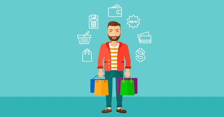 A hipster man with bags and some shopping icons around him on a blue background vector flat design illustration. Horizontal layout.のイラスト素材