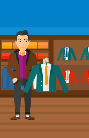 A man holding a hanger with a jacket on the background of clothes store vector flat design illustration. Vertical layout.のイラスト素材