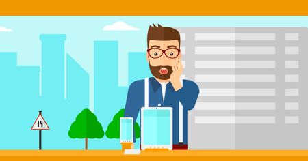 An astonished hipster man with the beard looking at digital tablet and smartphone through the shop window on a city background vector flat design illustration. Horizontal layout.のイラスト素材